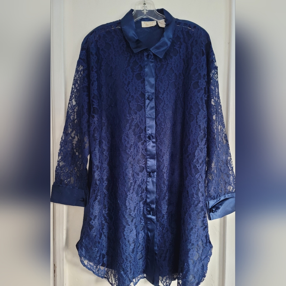 Vintage Victoria's Secret Blue Lace Satin Tunic Shirt Womens M/L French Cuff